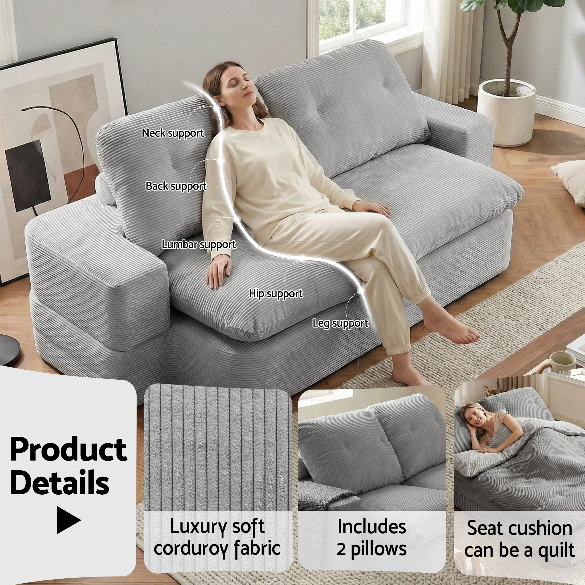 Cove 2-Seater Sofa Bed Grey - Image 7