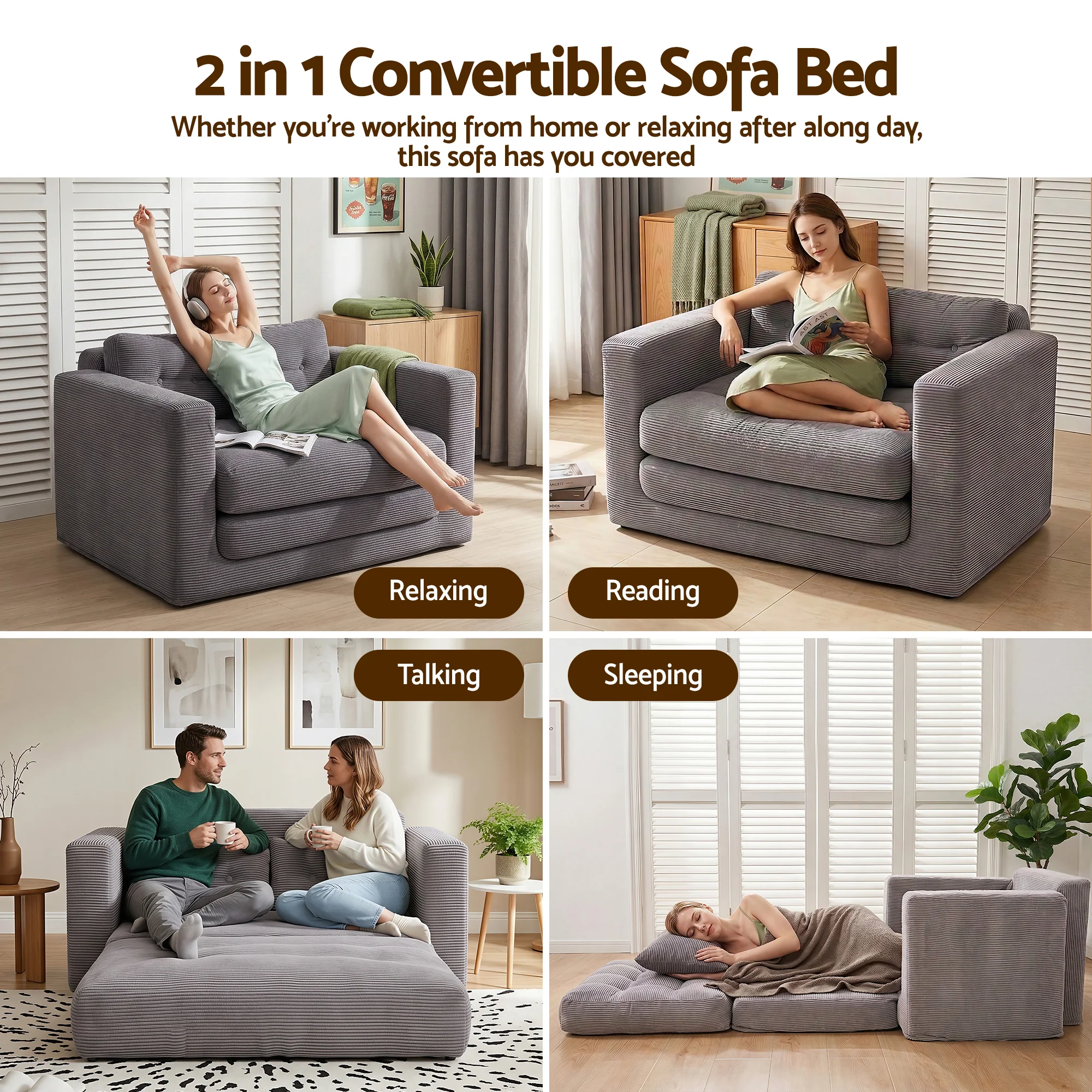 Harlem 2-Seater Sofa Bed Grey - Image 8