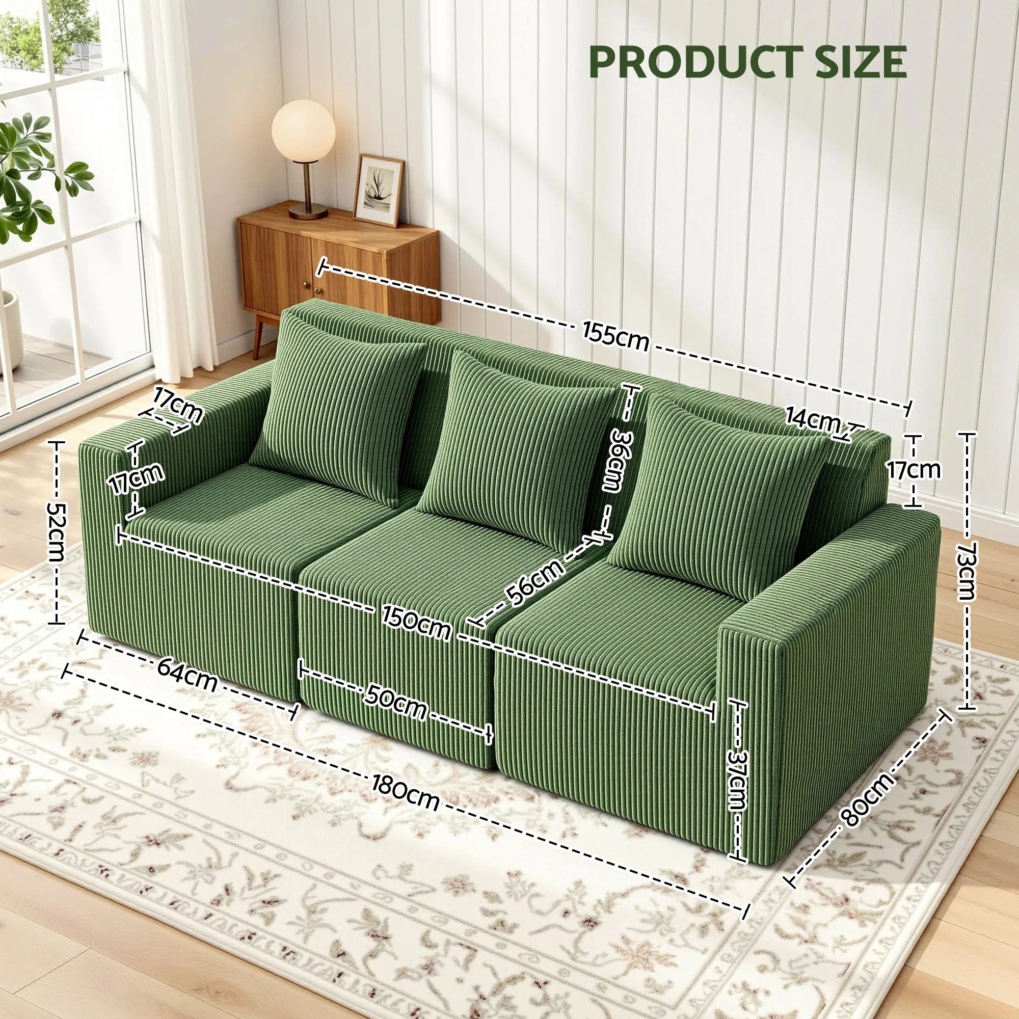 Virello 3-Seater Sofa Green - Image 2
