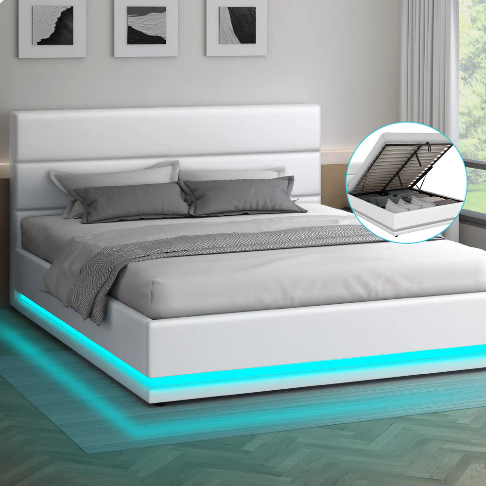 White Aurora PU Leather Gas Lift Bed